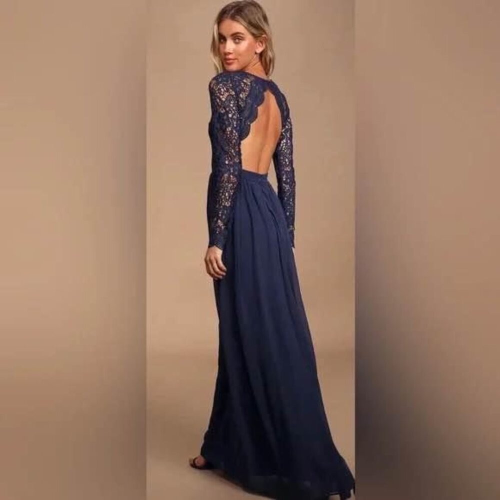 Lulu’s Awaken My Love Lace Maxi Dress - Navy Blue, size XS